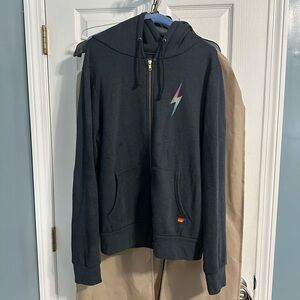 Aviator Nation Black Hoodie with Rainbow Lightning Bolt